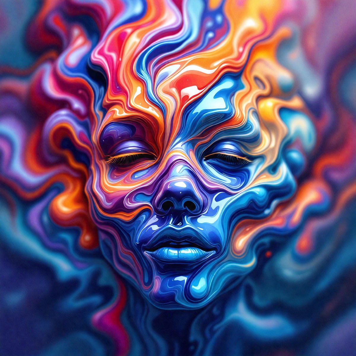 The primary subject of the image is a woman's face, which is painted with vibrant colors and features a mix of blue, orange, and purple hues. The setting is a colorful background, and the visual style appears to be a combination of digital art and illustration. The overall atmosphere is lively and energetic, with the woman's face being the focal point of the image.